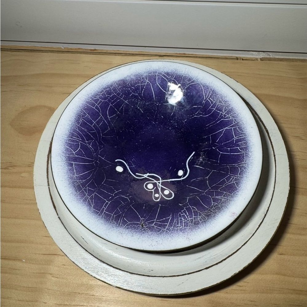 Gerte Hacker Copper Enamel Plate Purple White Faint Signature 5.75” MCM Vintage